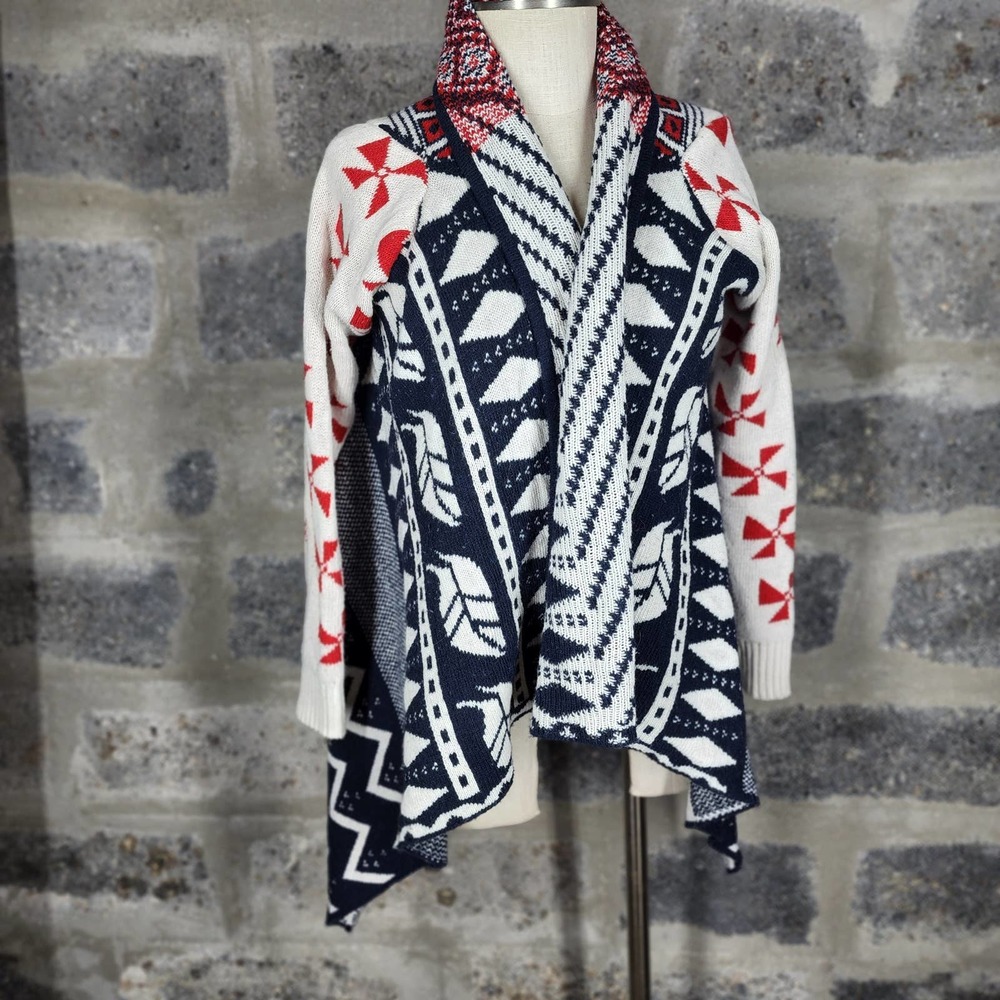 HIGHNESS sz OSFA M/L red white blue open front sweater